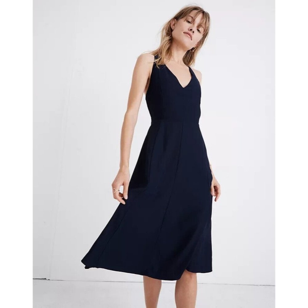 MADEWELL Women's Navy Blue Cross-Back Midi Dress SIZE 2 K2476 ($158)
